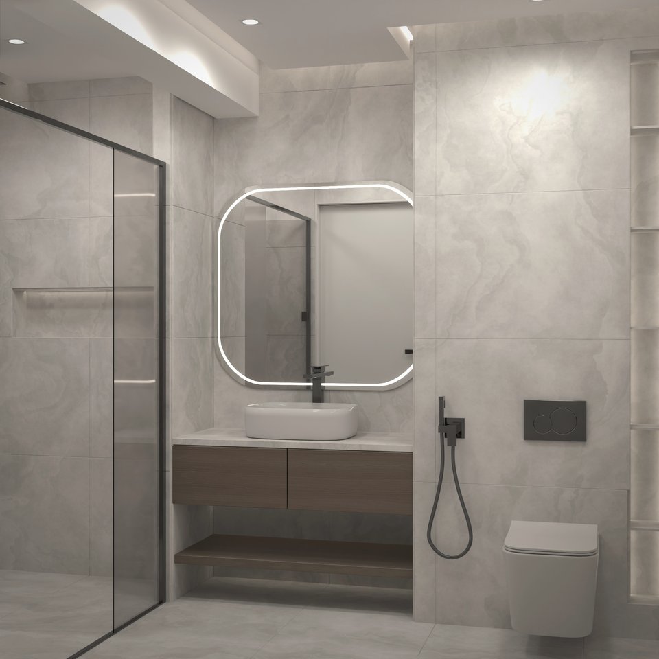 Light stone bathroom with a glass shower and wooden vanity, 3D render