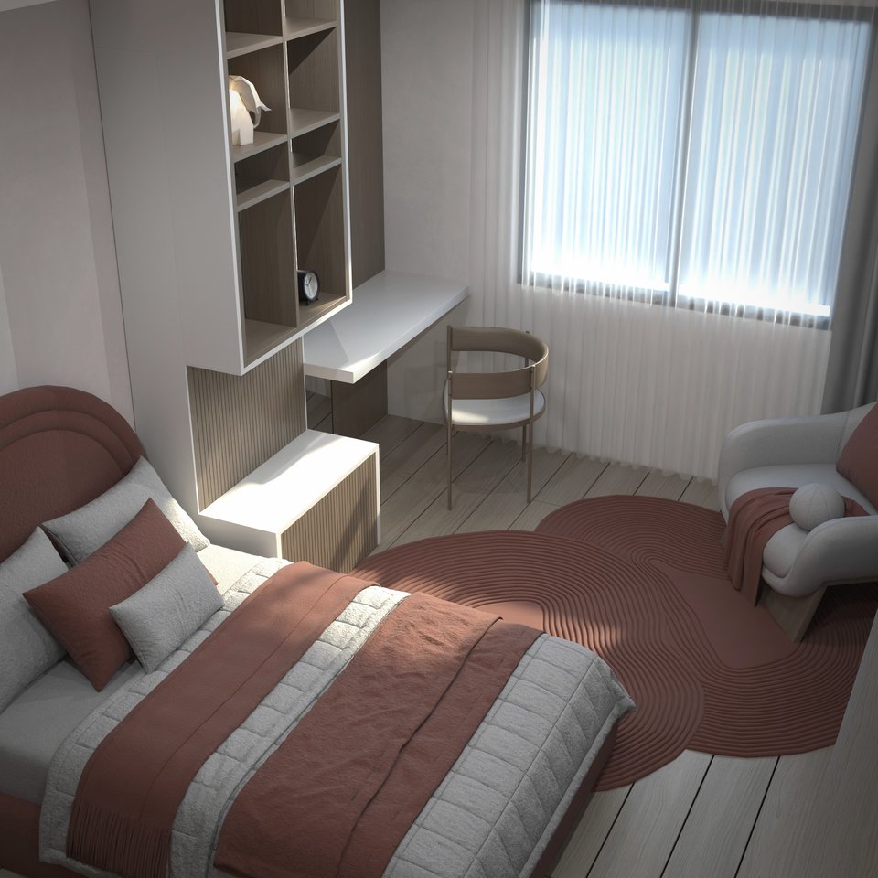 Terracotta-toned bedroom with a desk and light wood shelving, 3D render