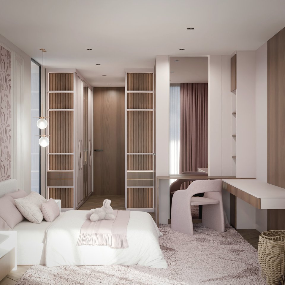Chambre de fille rose avec bureau, rendu 3D