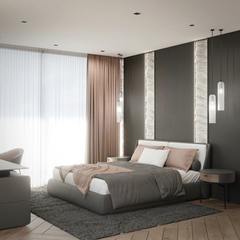 Chambre de garçon grise avec suspensions, rendu 3D