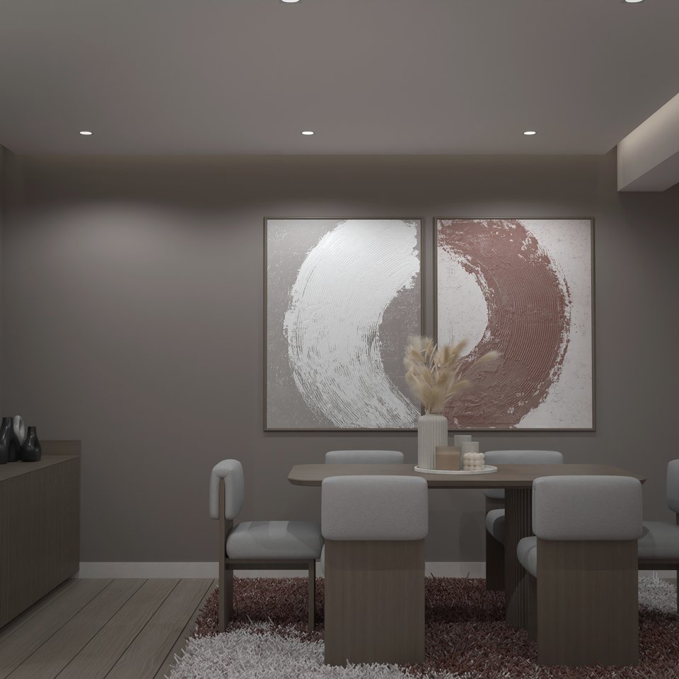Taupe dining corner with abstract artwork and a terracotta rug, 3D render