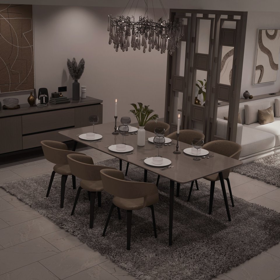 Dining table for eight in front of a wooden lattice screen, 3D render
