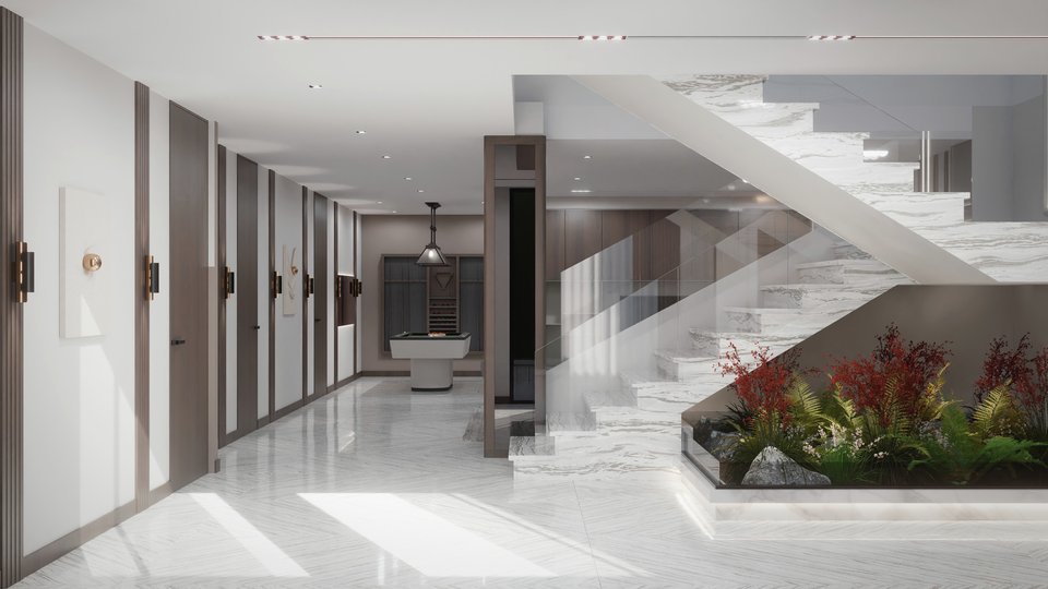 Couloir en marbre avec escalier et jardinière, rendu 3D