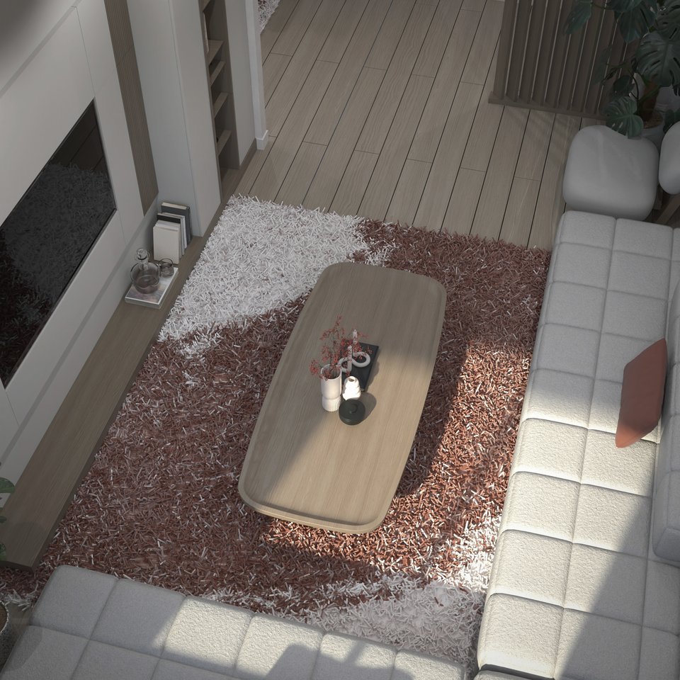 Living room seen from above with a tufted sofa and wooden coffee table, 3D render