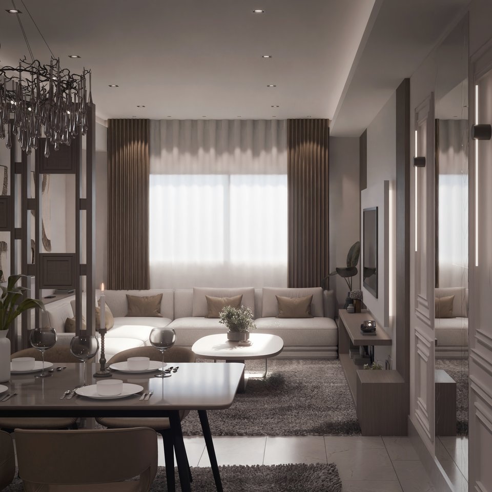 Open living and dining room with linen curtains and a chandelier, 3D render
