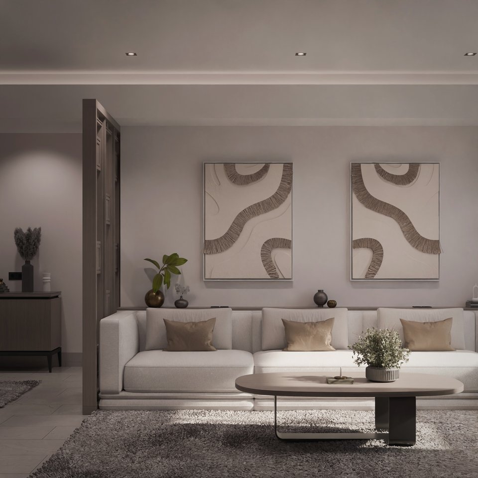 Linen sofa with textured sand-toned artwork, 3D render