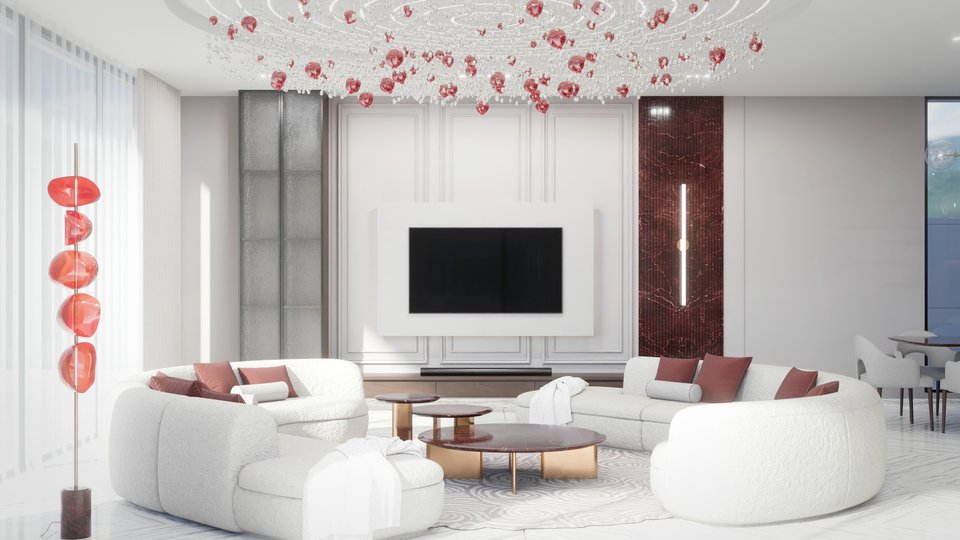 Salon blanc avec canapés arrondis et plafond en verre rouge, rendu 3D