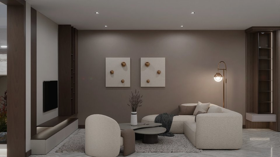 Coin salon taupe près de la cuisine, rendu 3D