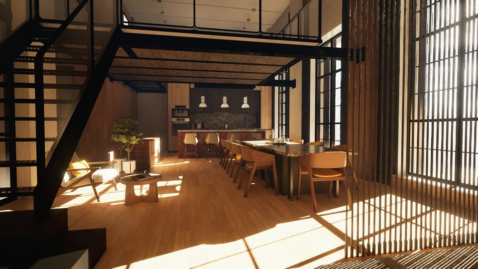 Appartement moderne ouvert avec coin repas et cuisine
