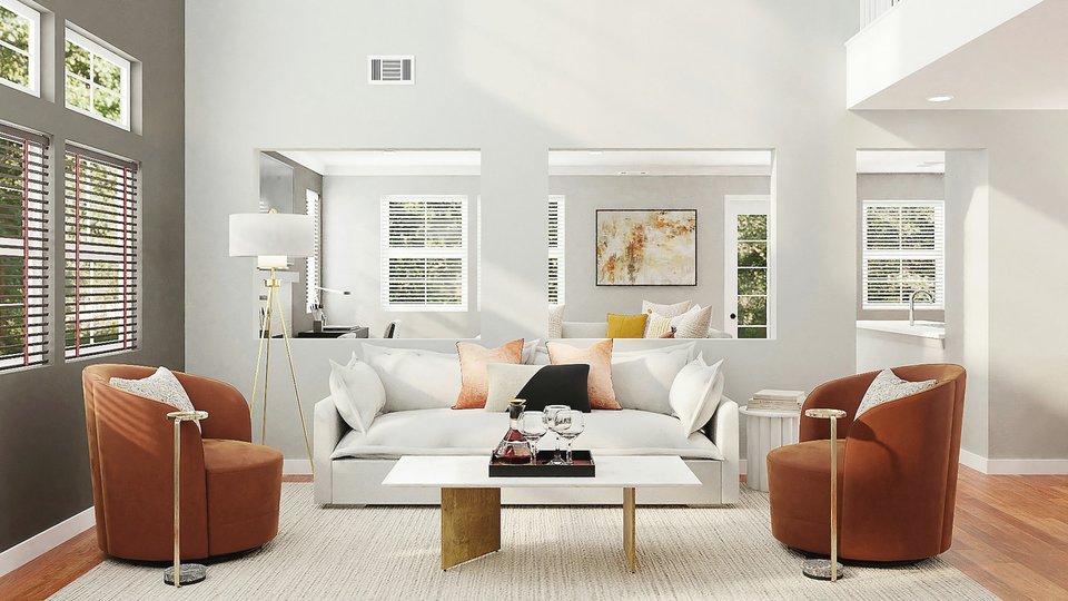 Salon avec mobilier blanc et brun